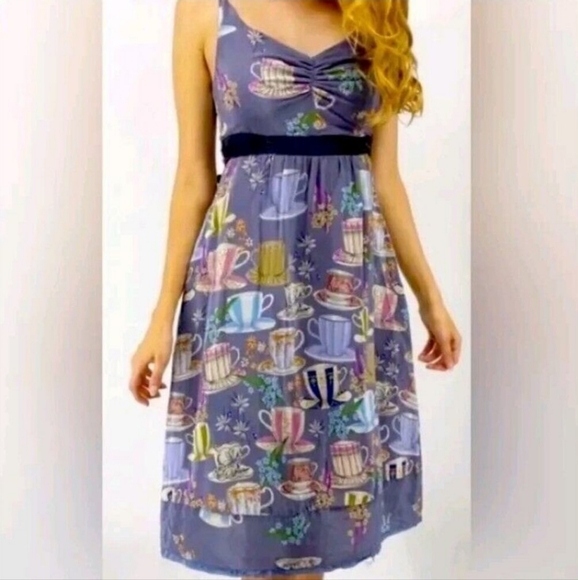 Anthropologie Dress By FLOREAT Teacup Print Purple Silk "Sugar & Cream Dress" - Picture 1 of 16